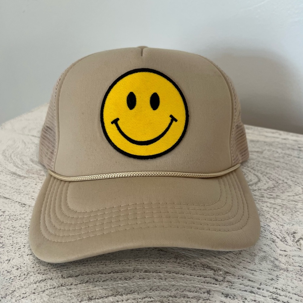 Smiley Face Trucker Hat- Tan